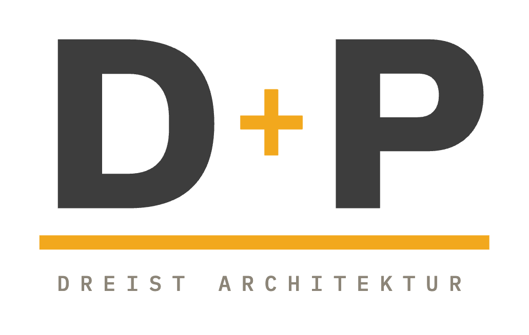 dp-full-logo-dreist-architektur D + P Schriftzug mit schwarz auf hellem Hintergrund und gelben Details + kleinem Dreist Architektur Schriftzug